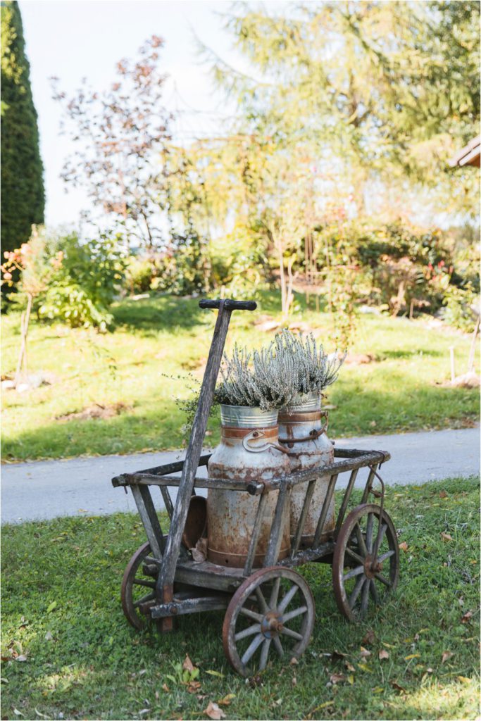 alter Bollerwagen mit Blumen in Kesseln